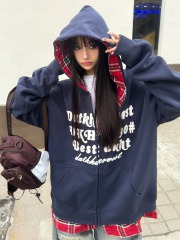 Amoeba原创国潮美式复古格子拼接假两件连帽卫衣男女宽松开衫外套