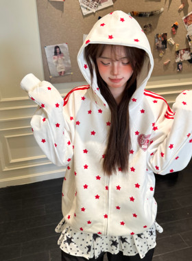 Amoeba原创美式满印星星条纹连帽卫衣拉链开衫秋季宽松烫钻外套