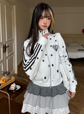 Amoeba美式复古满印星星烫钻条纹织带立领短款拉链开衫女秋季外套