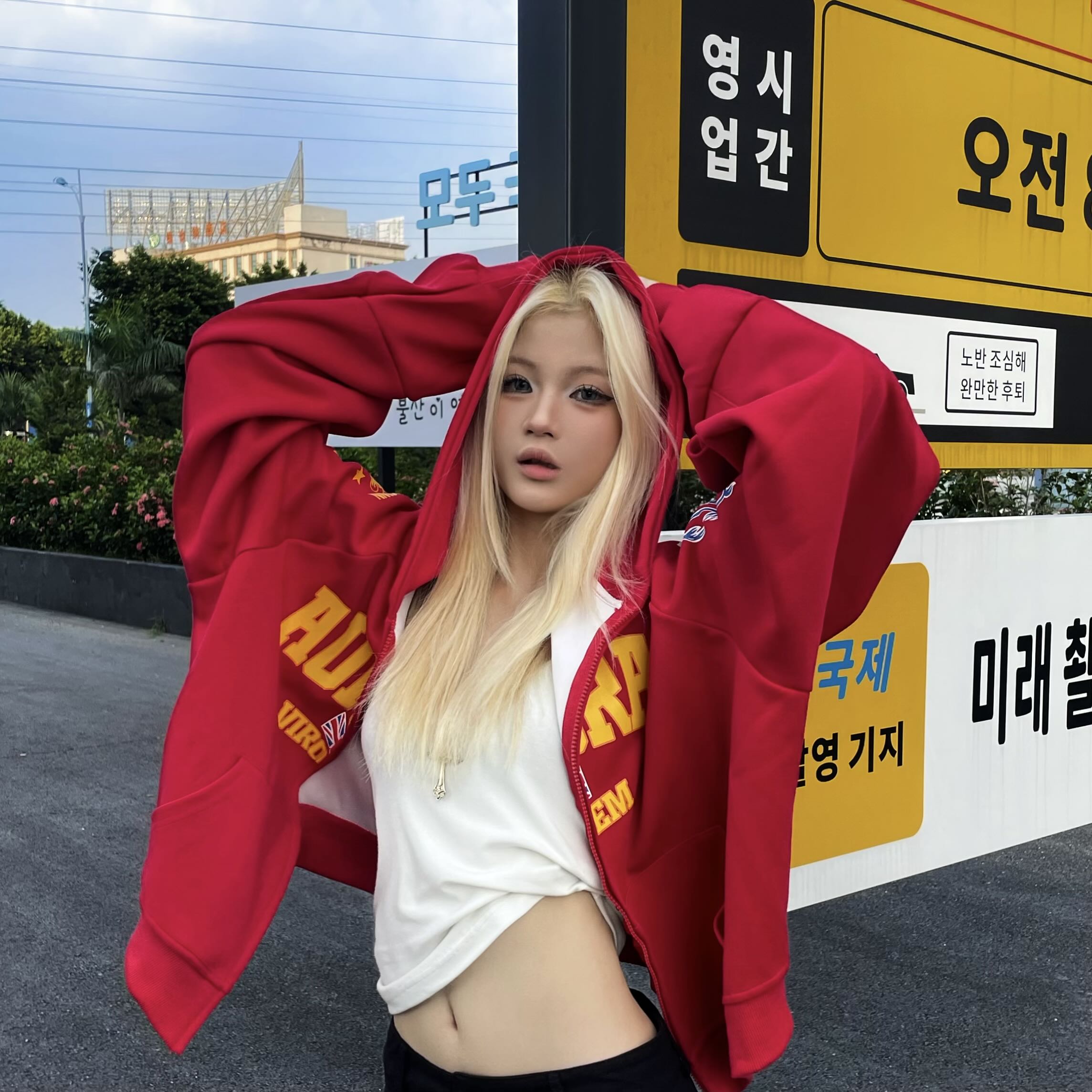 美式街头印花连帽卫衣外套