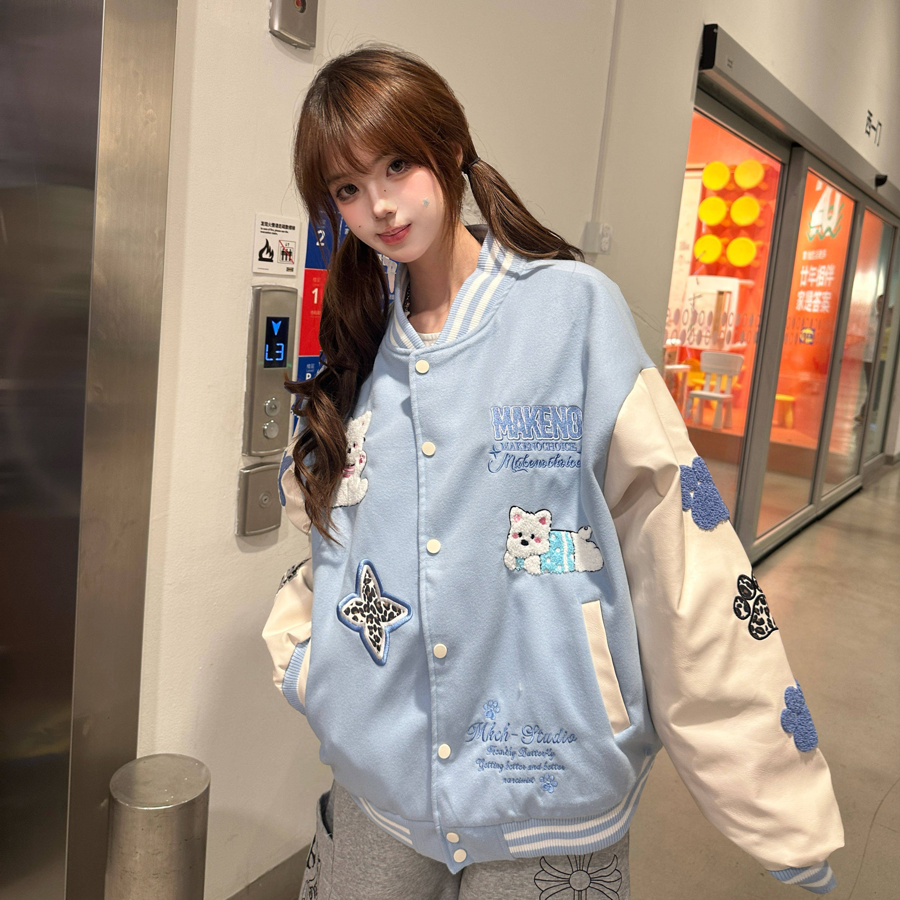 Amoeba复古甜酷可爱小狗植绒刺绣冬季夹棉加厚棒球服夹克外套女