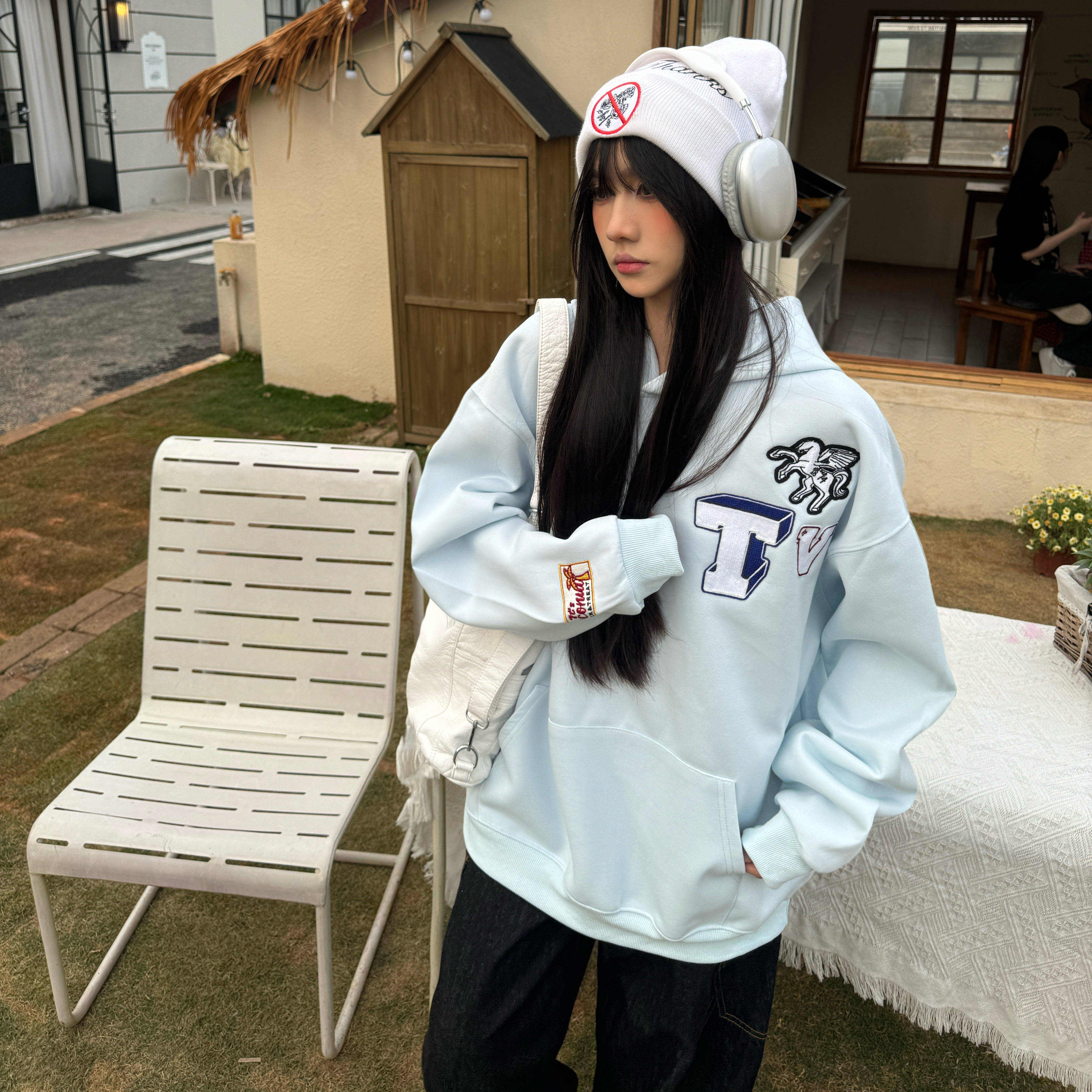 Amoeba美式复古趣味刺绣飞马连帽卫衣男女春季宽松原创套头帽衫