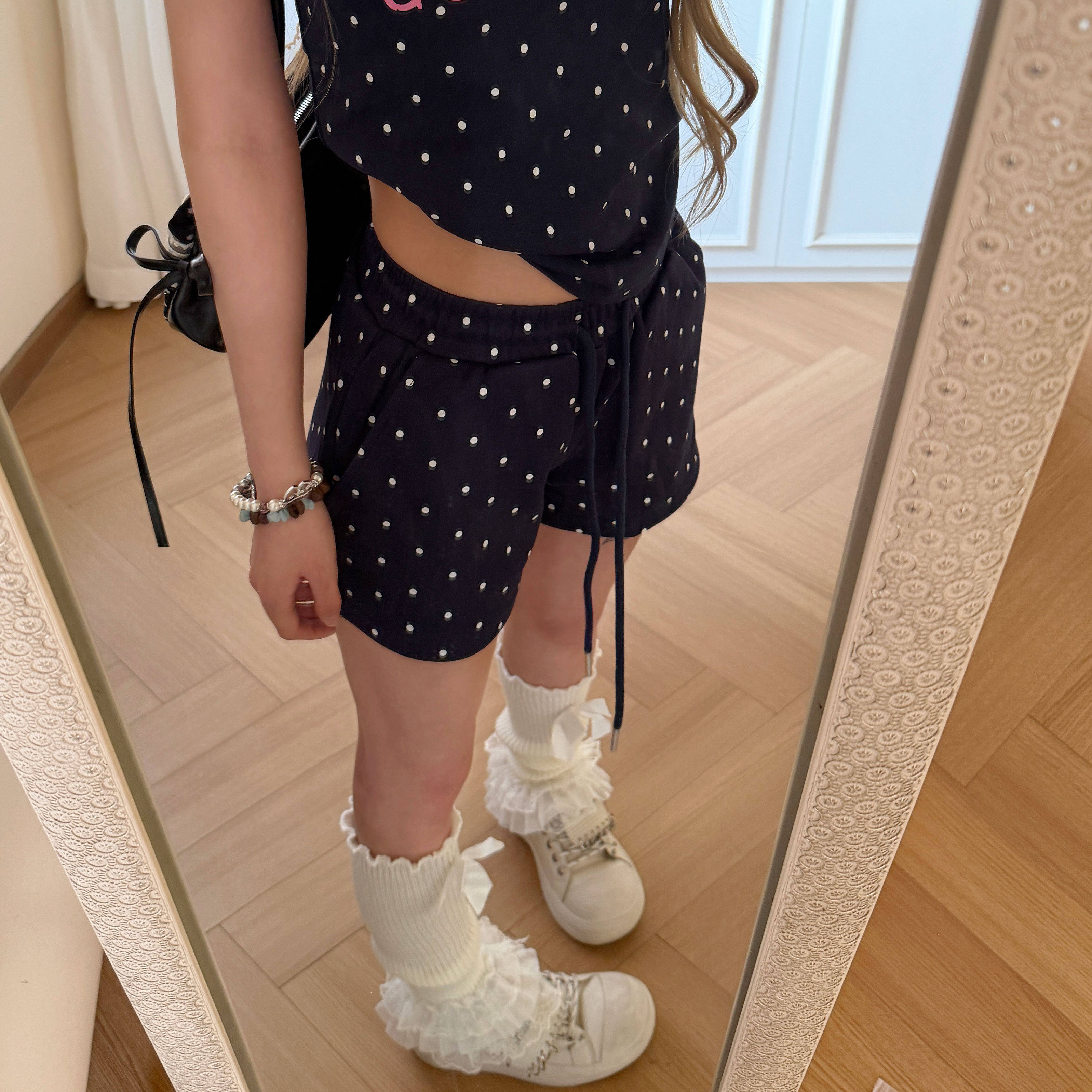 Amoeba韩系复古满印波点休闲百搭短裤女夏季美式运动学院风三分裤