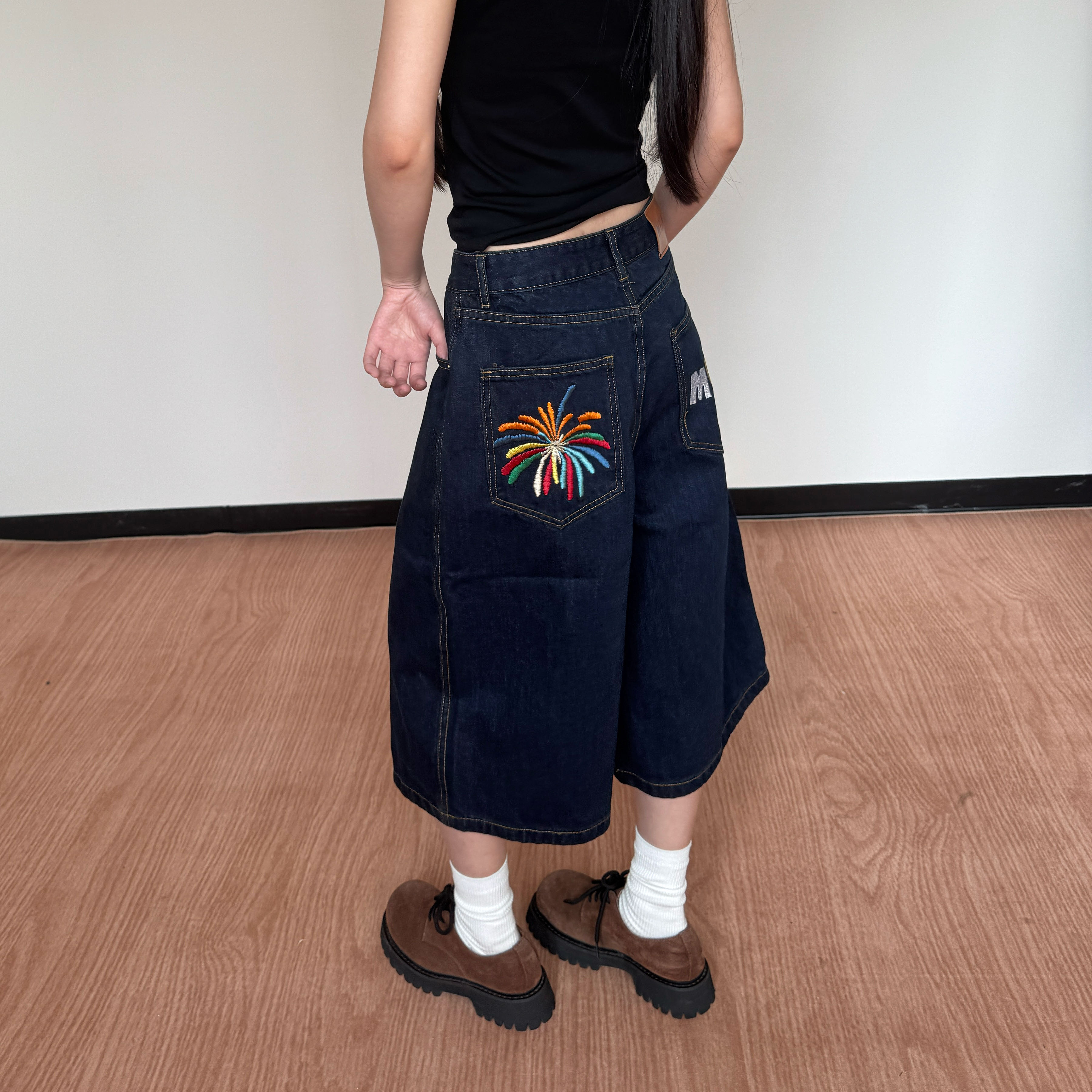 Amoeba美式复古字母刺绣宽松直筒牛仔短裤夏季男女休闲阔腿七分裤