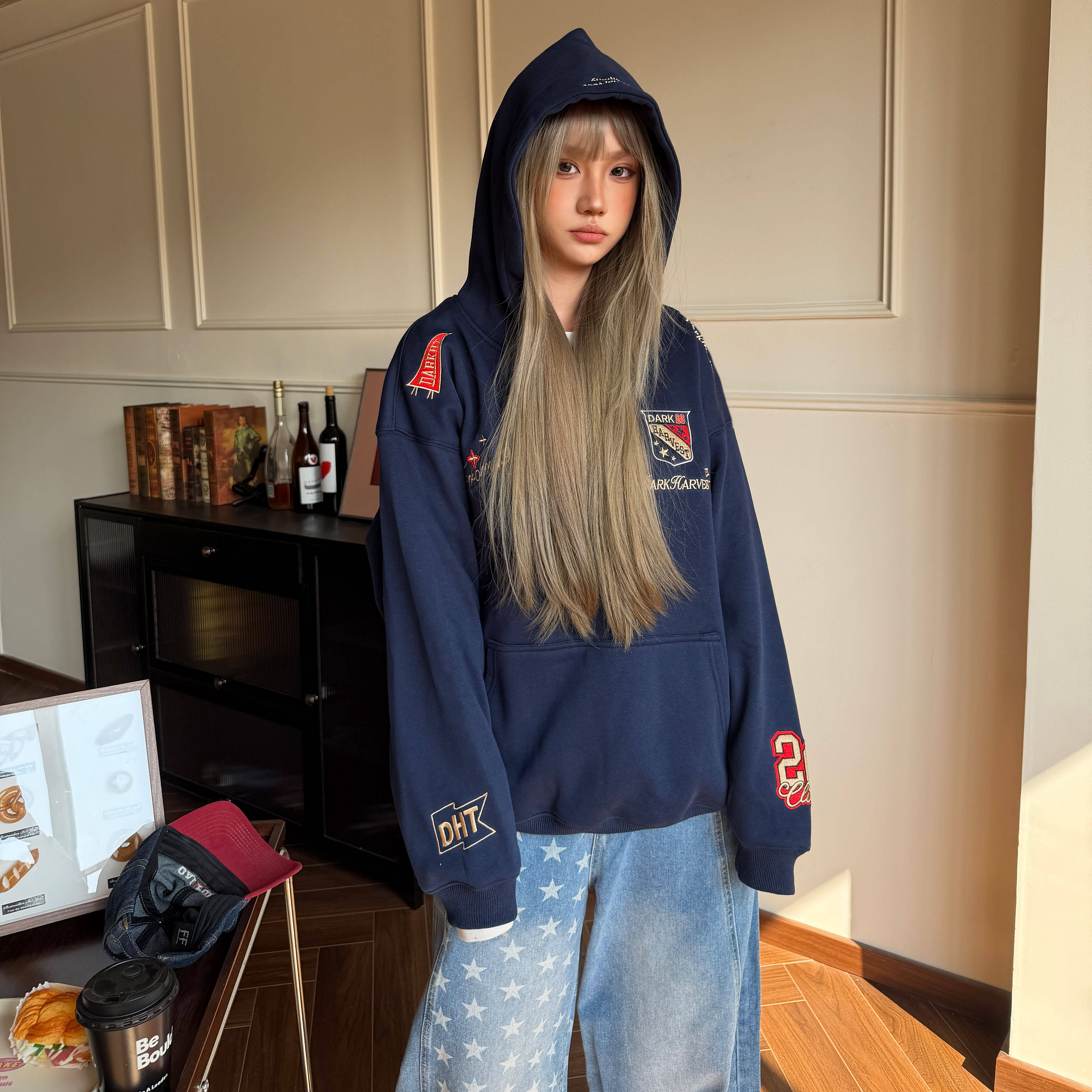 Amoeba美式复古重工刺绣勋章字母加绒连帽卫衣男女2026新款帽衫