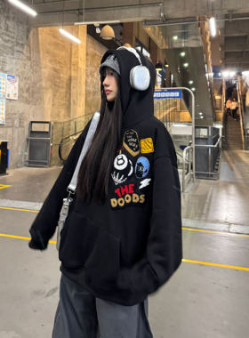 Amoeba国潮美式复古植绒刺绣加绒加厚连帽卫衣男女宽松街头帽衫