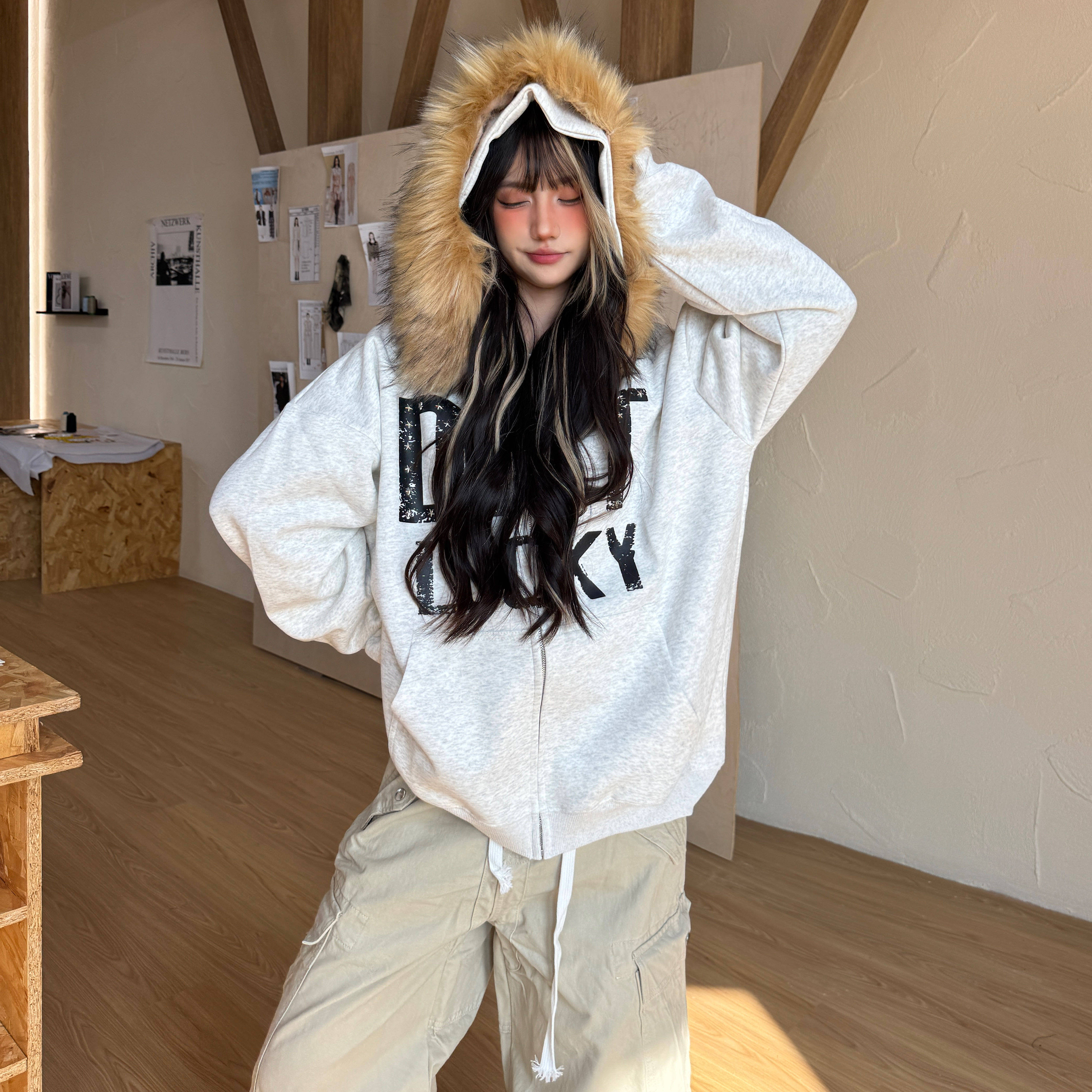 Amoeba美式复古星星字母印花可拆卸毛领连帽卫衣拉链开衫秋季外套