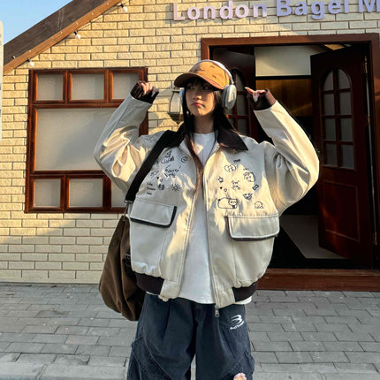 Amoeba美式复古街头撞色刺绣童趣手绘工装夹克春季宽松休闲外套女