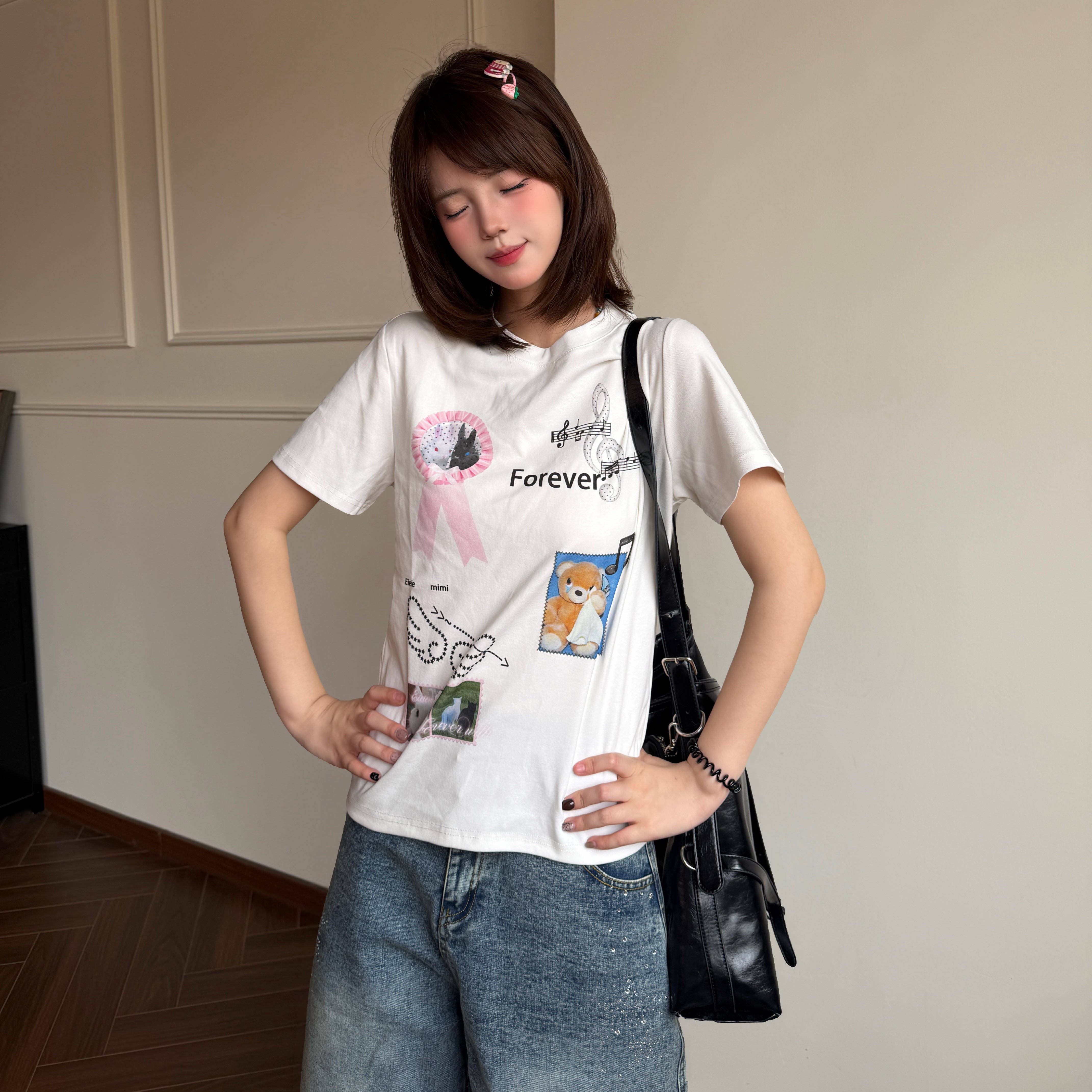 Amoeba亚萌甜酷小翅膀印花短款宽松正肩短袖女夏季小个子T恤上衣