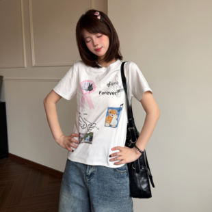 Amoeba亚萌甜酷小翅膀印花短款宽松正肩短袖女夏季小个子T恤上衣