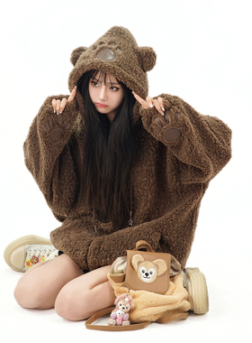 Amoeba原创可爱搞怪小熊羊羔毛情侣兔耳朵棉衣冬季加厚外套女宽松