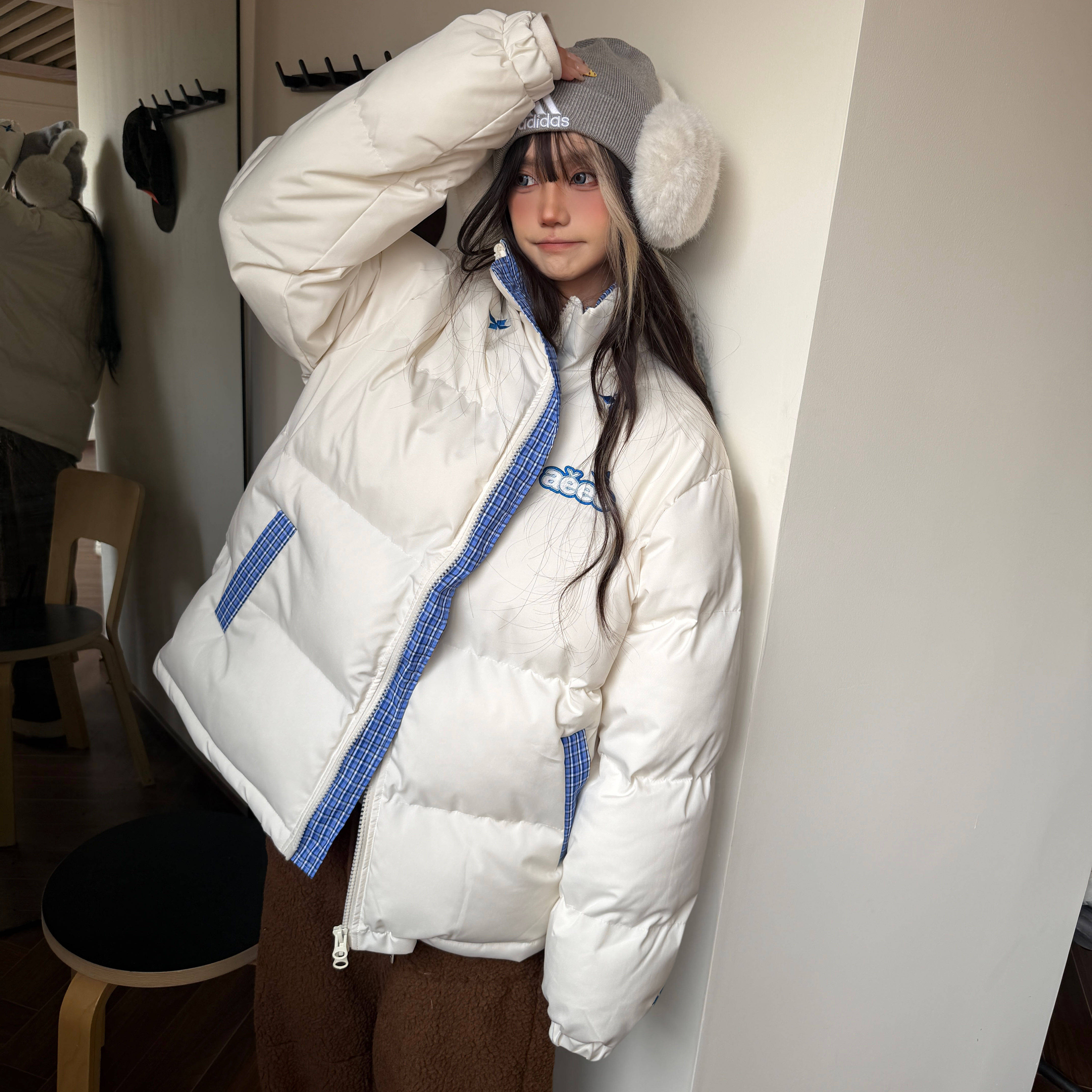 Amoeba美式复古拼接格子棉服男女冬季保暖加厚宽松立领棉袄外套