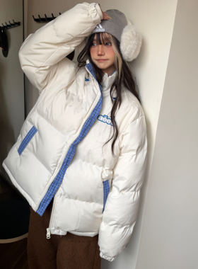 Amoeba美式复古拼接格子棉服男女冬季保暖加厚宽松立领棉袄外套