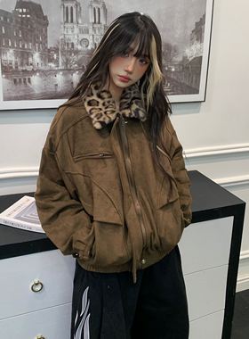 Amoeba美式复古拼接豹纹毛领翻领夹棉外套冬季新款男女棉服夹克