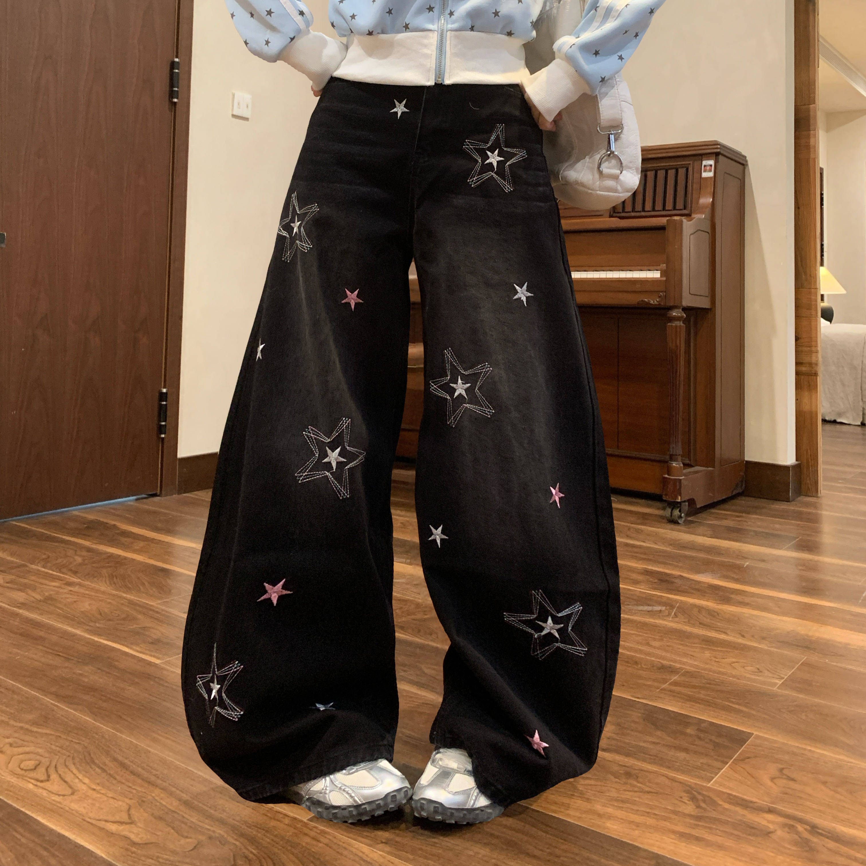 Amoeba美式复古满印贴布刺绣星星宽松阔腿弯刀水洗百搭牛仔长裤,女装/女士精品,牛仔裤,淘宝优惠券,粉丝福利购,淘宝优惠卷