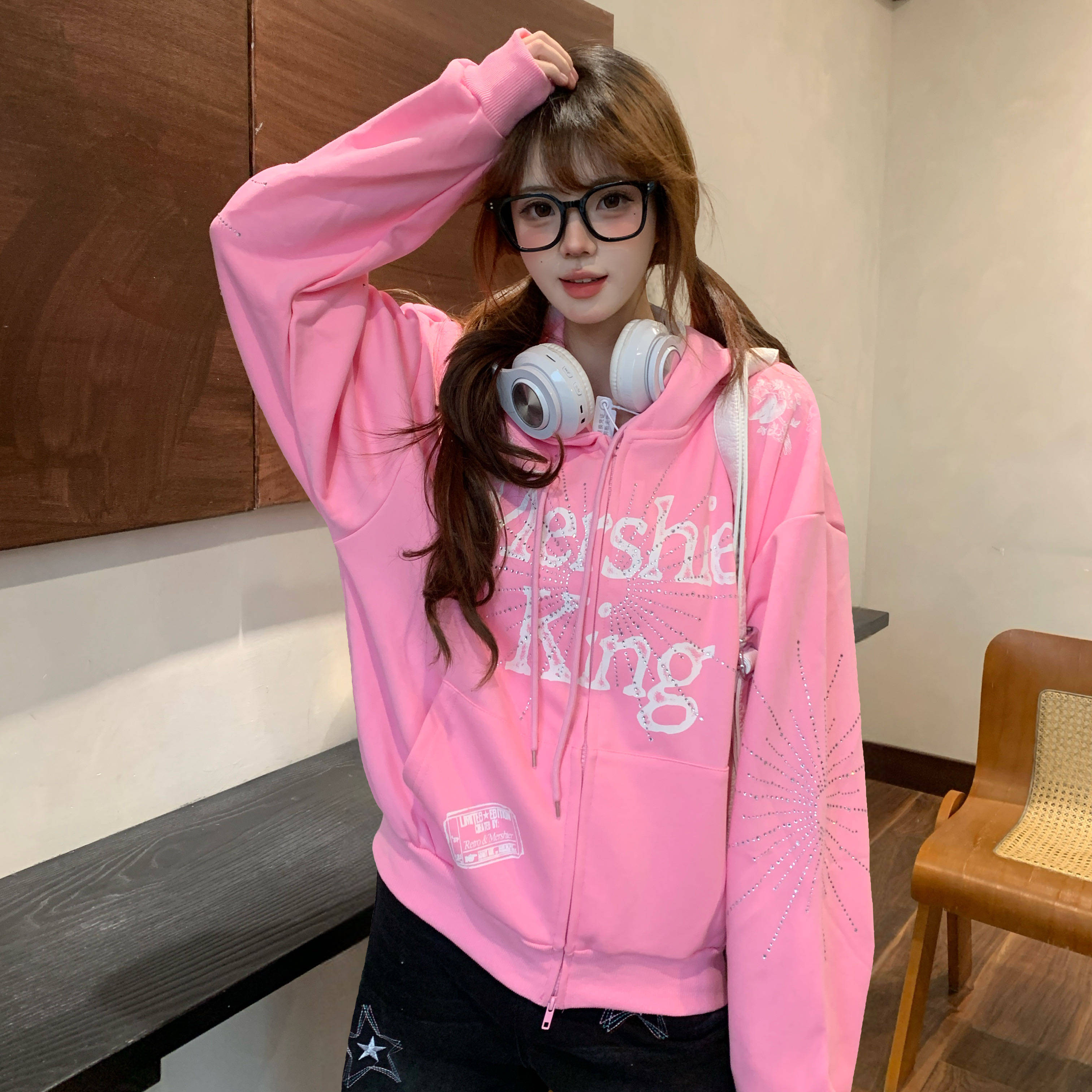 Amoeba美式复古字母印花烫钻连帽卫衣拉链开衫女春季宽松设计外套