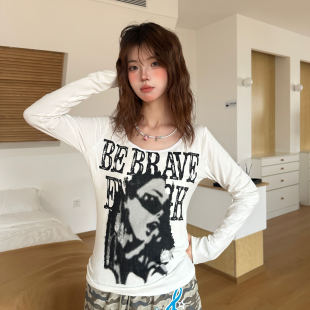 早秋打底上衣女 Amoeba美式 复古印花短款 修身 大领口斜肩T恤长袖