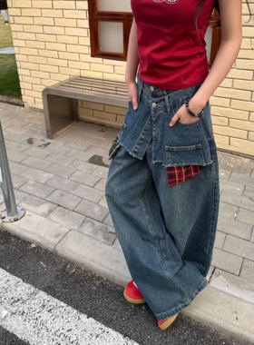 Amoeba美式复古解构拼接格子双腰头弯刀牛仔裤女设计感阔腿长裤