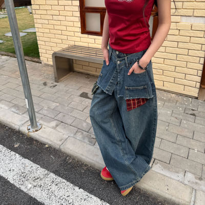 美式解构拼接格子双腰弯刀牛仔裤