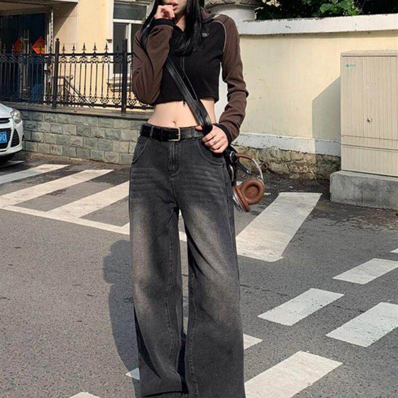 美式复古阔腿牛仔裤女秋冬大码胖mm高腰显瘦宽松拖地垂感直筒裤子