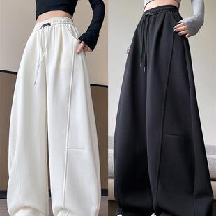 休闲加绒裤 弯刀阔腿裤 宽松直筒黑色运动卫裤 2026新款 子 女秋冬季