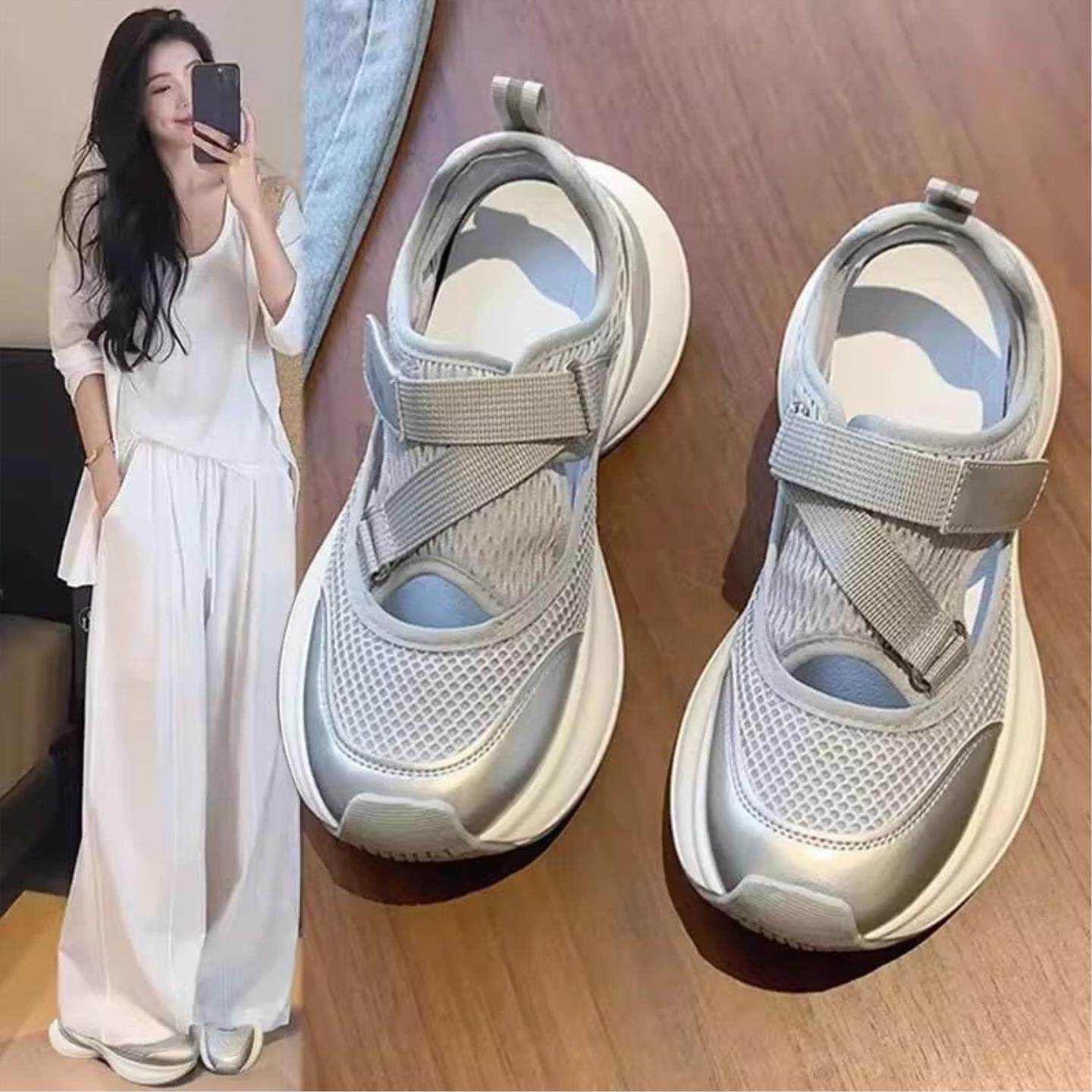 网面老爹鞋女2026夏季爆款魔术贴软底休闲鞋女士外穿运动凉鞋子女