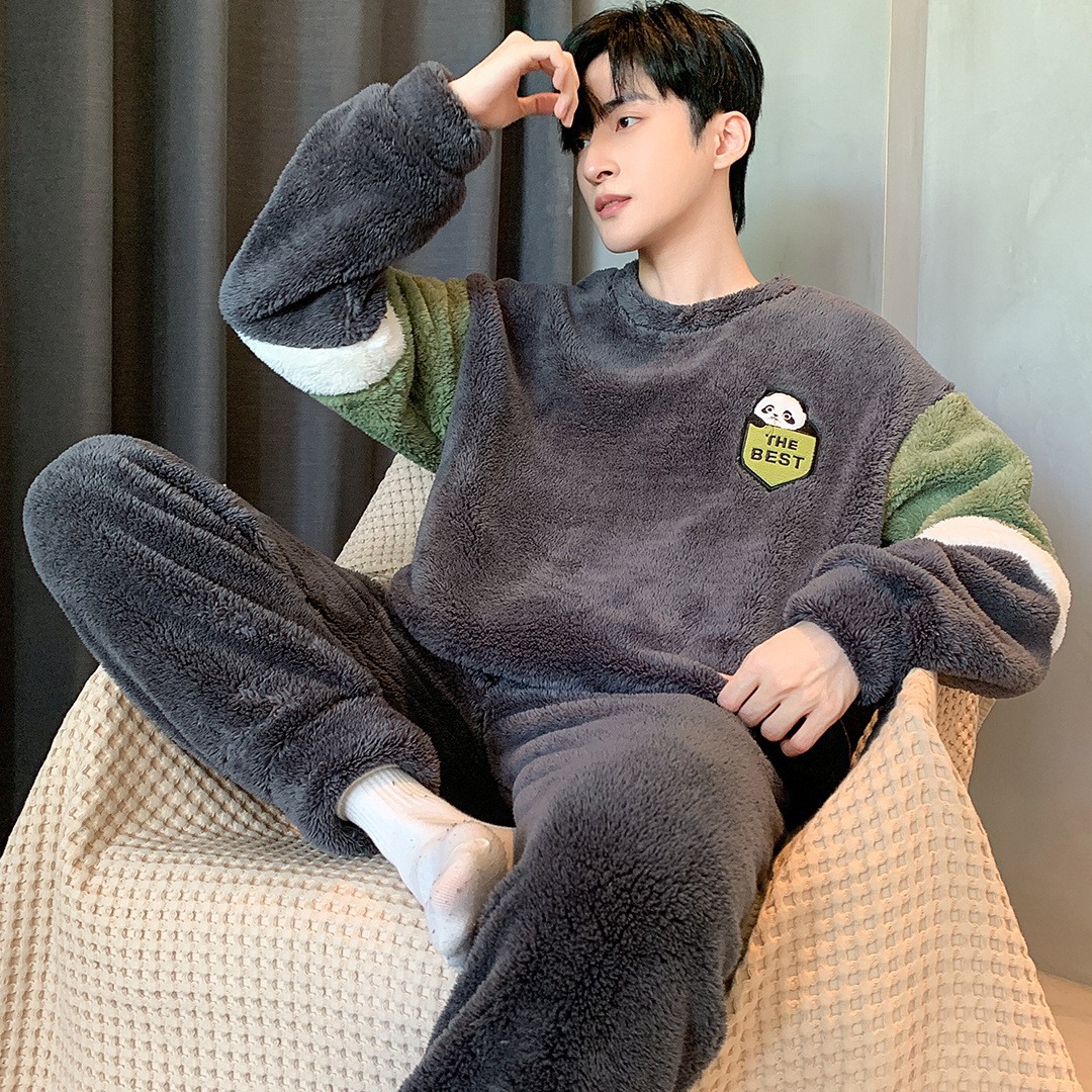 2025年冬季珊瑚绒睡衣男士加厚加绒圆领长袖长裤男套装家居服