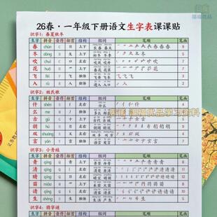 26春新版一年级下册语文写字表课课贴生字笔画笔顺笔画部首结构