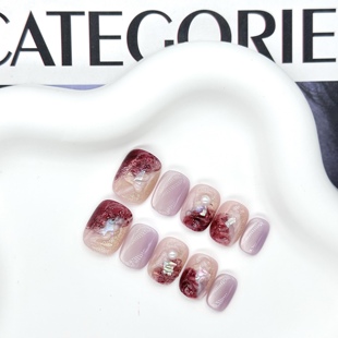 轻奢美甲 纯手工穿戴甲紫色猫眼小众高级晕染显白短款 花间酒