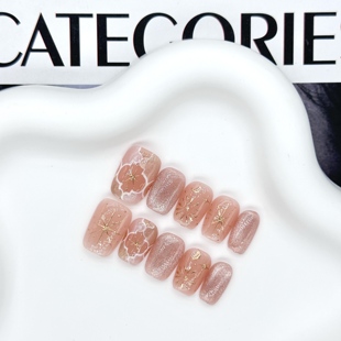 【灯火阑珊】温柔巴洛克花窗爆闪粉色猫眼显白短款纯手工穿戴美甲