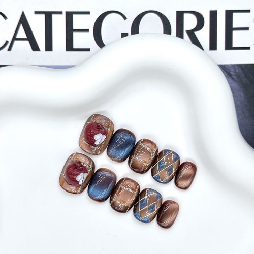 【苹果派】秋冬新款甜酷英伦格纹蓝棕猫眼显白可爱豆豆甲穿戴甲片