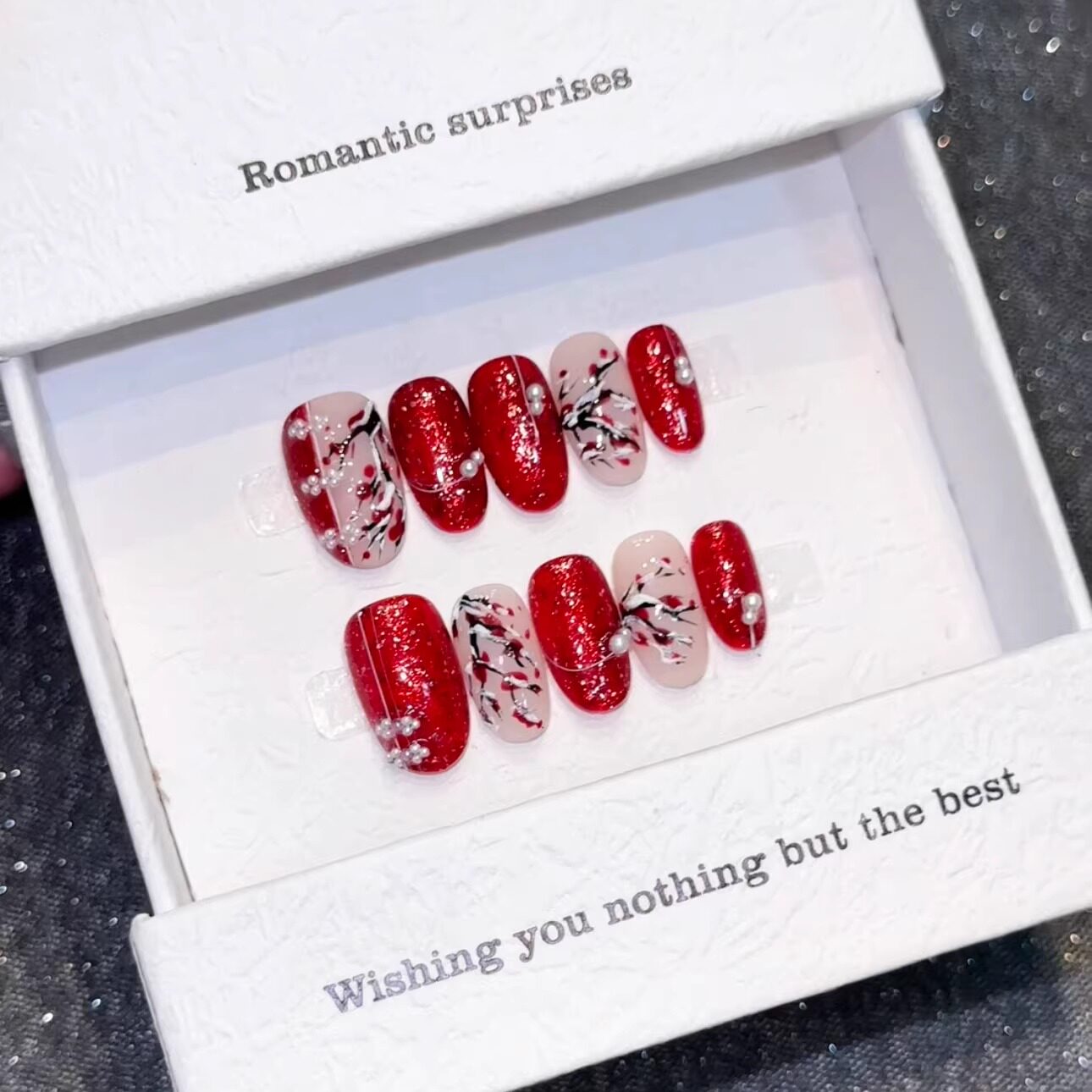 【腊梅】新中式国风穿戴甲手绘腊梅珍珠碎钻红猫眼显白气质美甲片