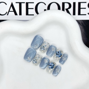 【霜花冰雨】日常清冷蓝色猫眼蝴蝶钻爆闪显白短款纯手工穿戴甲