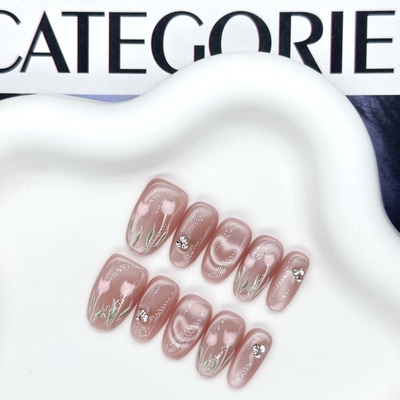 【郁见】春日新款甜美少女感穿戴甲粉色猫眼手绘郁金香短款豆豆甲