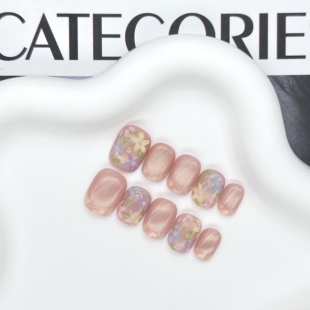 【雨后花园】温柔显白粉色猫眼手绘花花短款少女感手工穿戴甲美甲