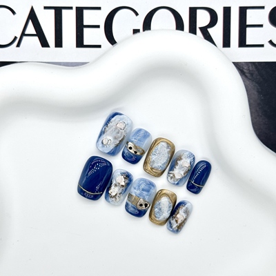 【故人归】蓝色晕染气质显白小众高级设计师短款纯手工穿戴甲美甲