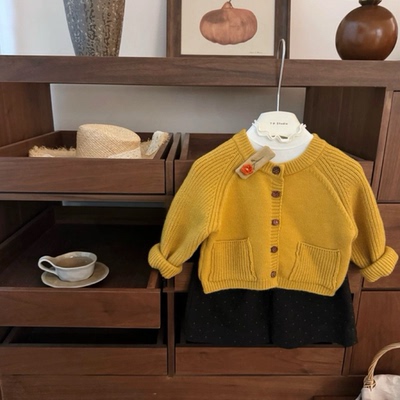 2025新款秋冬韩系女宝南瓜色显白毛衣针织开衫女童加厚保暖套装潮