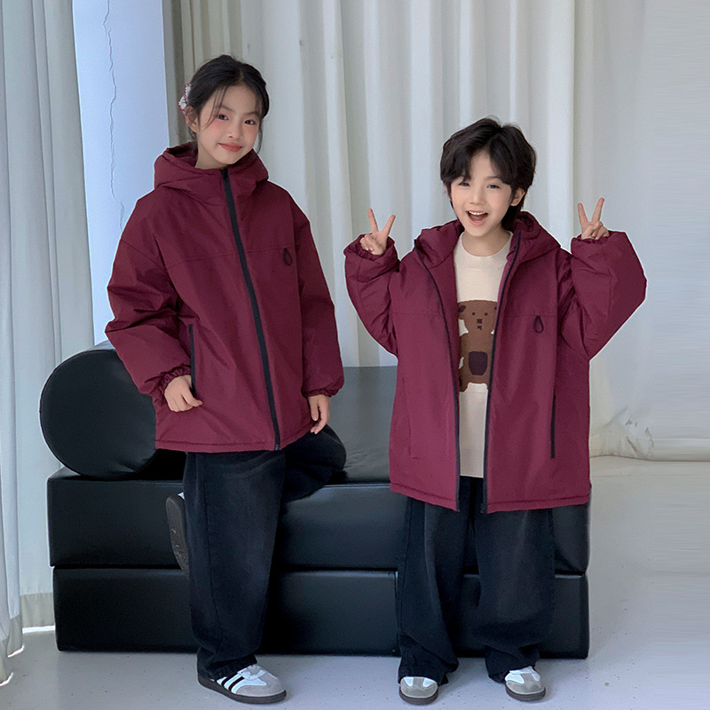 2025新款韩版儿童连帽夹棉棉服炸街洋气兄妹装过年保暖棉衣棉