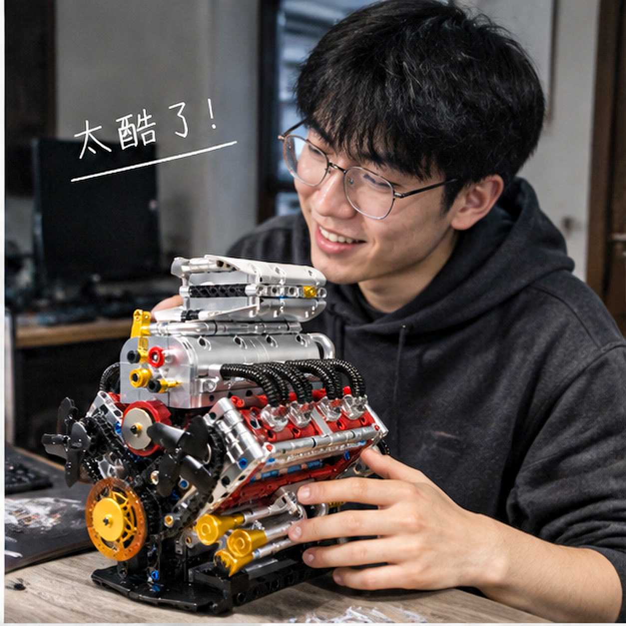 道奇V8发动机齿轮联动拼装积木