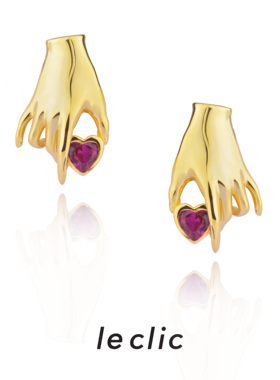 leclic HAND-Heart爱心系列红刚玉心形耳钉精致桃心百搭气质手势