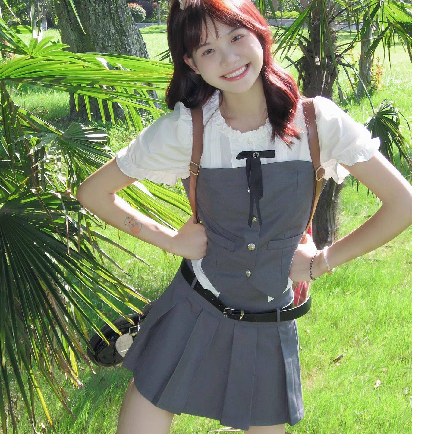 美式复古学院风套装夏季假两件甜辣妹衬衫上衣百褶裙小个子两件套
