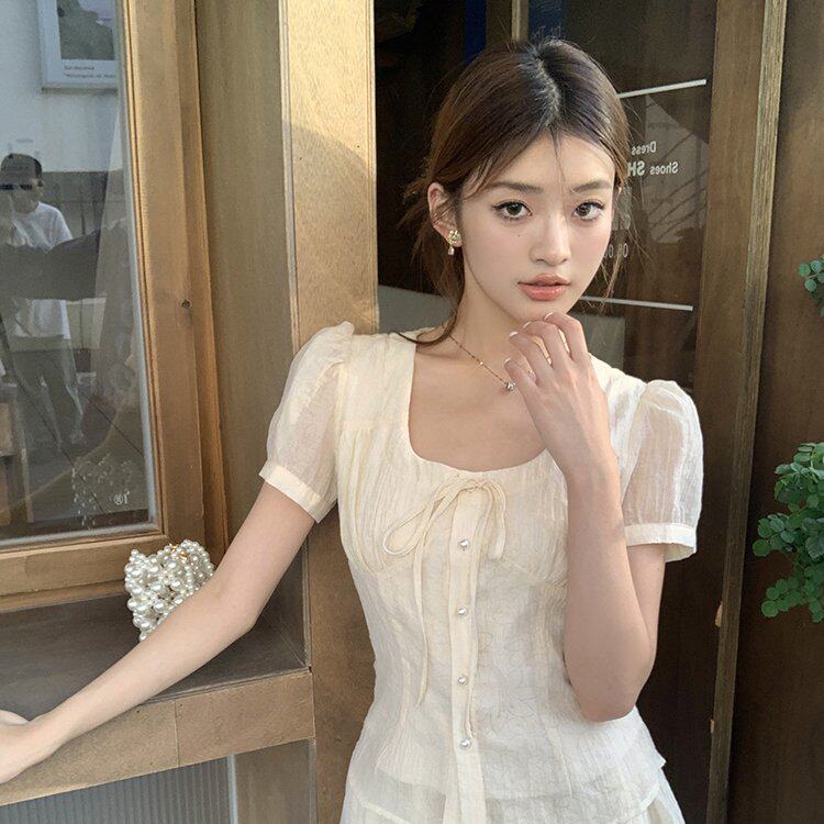 2026春夏新款法式方领短袖衬衫女A字裤裙短裤肌理感时尚套装