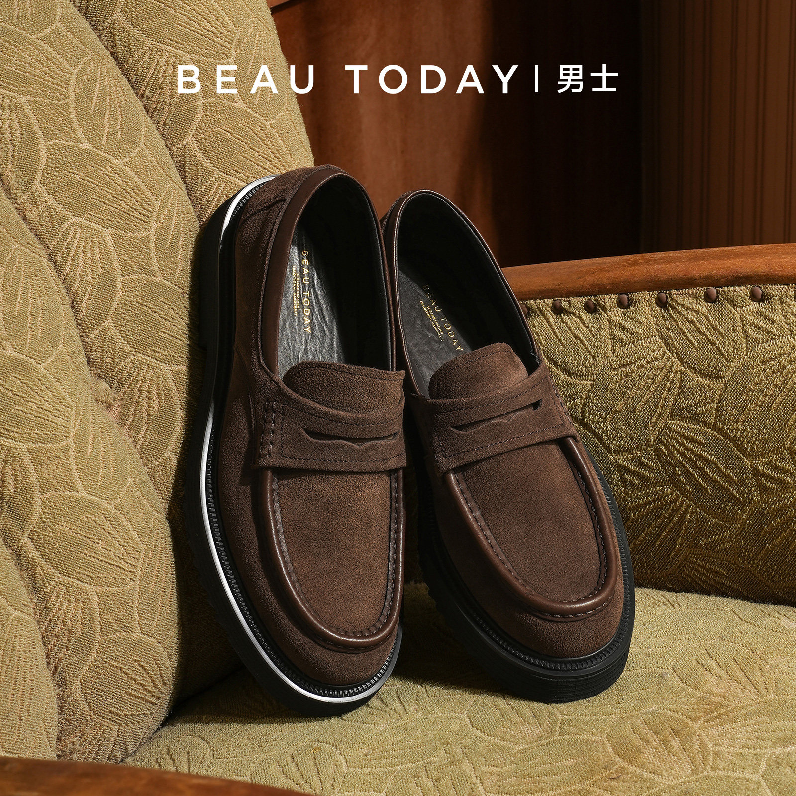 【头层牛反绒】BeauToday厚底乐福鞋男新款一脚蹬时尚休闲皮鞋