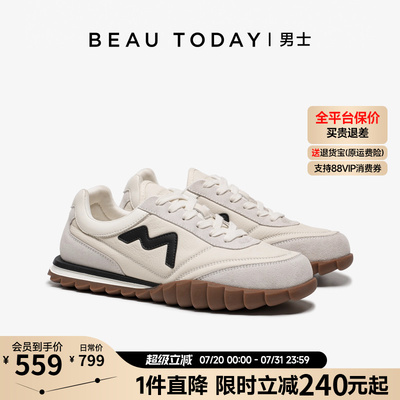 BeauToday厚底德训鞋男夏透气真皮小白鞋皮面休闲男鞋2025新款
