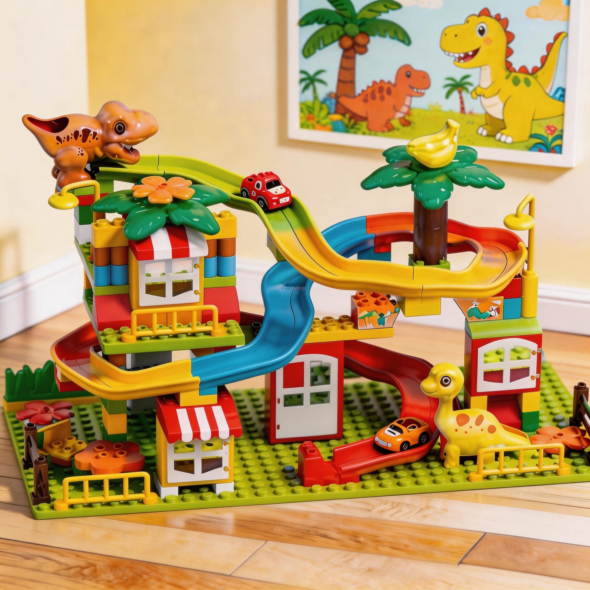 大颗粒积木恐龙动物滑道益智房子DIY城堡拼装儿童宝宝玩具3岁以上