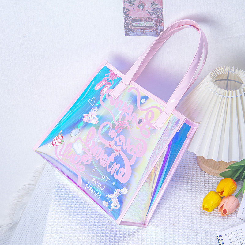 丝带文字炫彩镭射透明手提袋高档防水沙滩游泳袋环保袋logo可定制