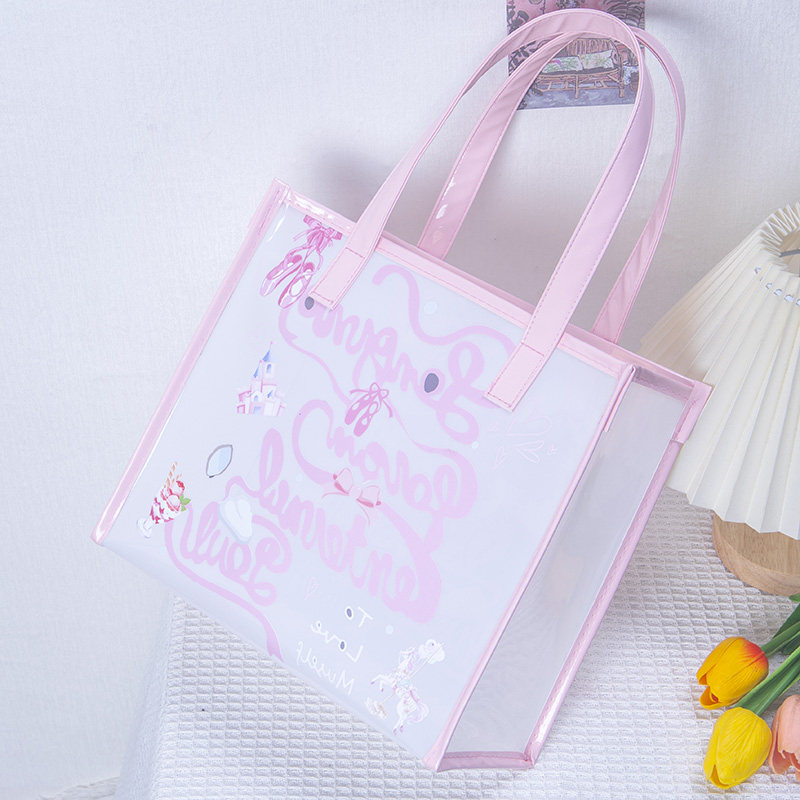 粉红丝绸带少女风甜美系高档透明礼品袋防水手提收纳袋装书收纳袋