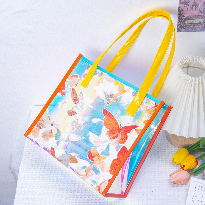 缤纷蝴蝶炫彩镭射手提防水沙滩游泳袋高档大容量环保袋洗浴收纳袋