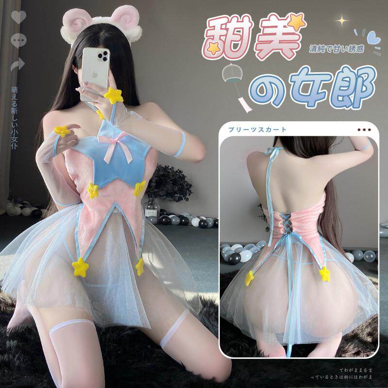 星星美少女性感甜妹俏皮五角星抹胸制服柔纱短裙后背系带透视套装