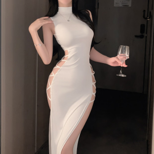 夜店名媛优雅白色性感半高领显胸设计绑带长裙高开叉辣妹连衣裙女